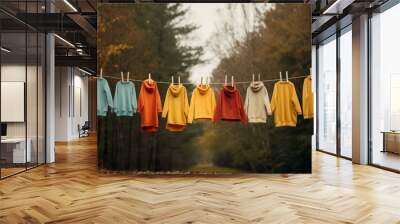 Outdoor Rain clothes line. Cloth sky. Generate Ai Wall mural