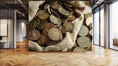 Overflowing hessian bag spilling antique coins onto a wooden table evokes a feeling of old world prosperity Wall mural