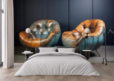 Pair of worn-in brown leather armchairs against a dark panel background, showcasing classic style with a contemporary twist Wall mural