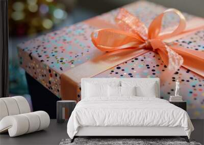 Pink gift box with an orange ribbon is waiting to be opened for a special occasion Wall mural