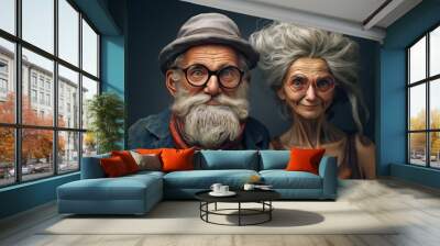 Playful senior man and woman with exaggerated features posing humorously Wall mural