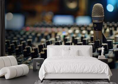 Professional condenser microphone is standing on an audio mixing console in a recording studio Wall mural