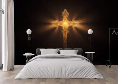 Radiant Illuminated christian cross. Blue night sky. Generate Ai Wall mural