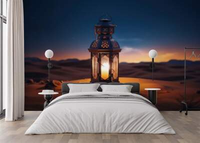 Ramadan lantern in desert. Islamic crescent star. Generate Ai Wall mural