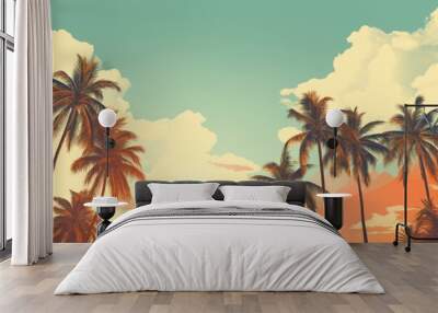 Retro palm beach sky. Sunrise island. Generate Ai Wall mural