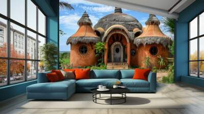 Round shaped clay house with thatched roof and decorative elements standing on a sunny day Wall mural