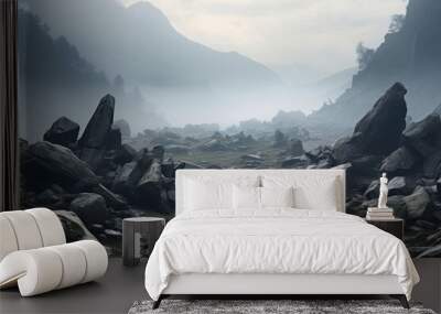 Serene landscape of a foggy mountain valley with scattered boulders and soft dawn light Wall mural