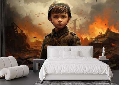 Soldier military kid in war destroyed territory. Little boy in the middle of devastated city buildings. Generate ai Wall mural