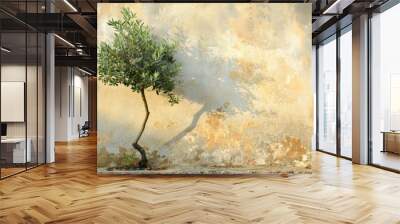 Solitary olive tree castings a shadow on a rustic, sunlit wall Wall mural