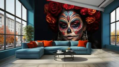 Somber Dead day woman mexican face. Hair model. Generate Ai Wall mural