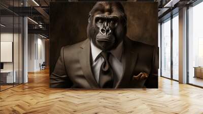 Sophisticated and dignified gorilla in a stylish suit. A digital art portrait of a well-dressed and elegant anthropomorphic primate. Showcasing creativity and imagination in a business attire concept Wall mural