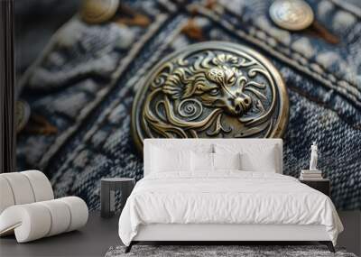 Stylish ornate wolf button is attached to a pair of denim jeans, adding a touch of personality and flair Wall mural