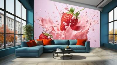 Tangy Strawberry fresh milk splash. Food cream. Generate Ai Wall mural