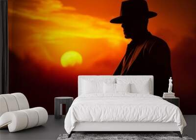 The enigmatic and stylish man in a hat standing in the mysterious silhouette against the dramatic orange and dark contrast of the sunset sky Wall mural