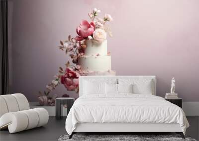 Tiered wedding cake adorned with pink blossoms on a dreamy pastel backdrop Wall mural