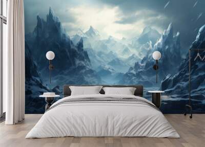 Tranquil and serene winter mountain landscape with snow-covered peaks and icy terrain, captured in a digital painting showcasing the majestic, expansive view of the arctic scene Wall mural