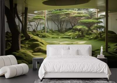 Tranquil indoor golf setup surrounded by a lush, stylized japanese garden landscape Wall mural