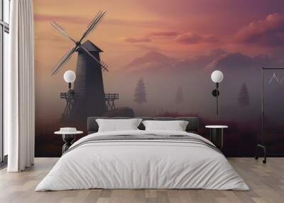 Tranquil rural landscape with vintage windmill at dusk, surrounded by misty mountains and a serene, ethereal twilight sky in shades of purple, pink, and orange Wall mural