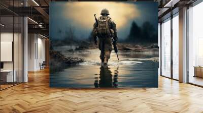 Tranquil Soldier water river. Force tactical. Generate Ai Wall mural