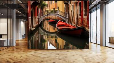 Two gondolas with red covers float on a tranquil canal in venice, surrounded by historic buildings Wall mural