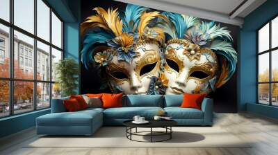 Two ornate venetian masks adorned with gold detailing and feather decorations, against a dark backdrop Wall mural