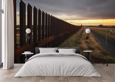 Usa mexico border view. Crossing metal barrier fence. Generate Ai Wall mural