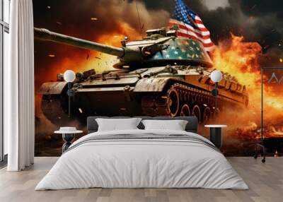 Usa military tank with flag during intense battle, with explosions Wall mural