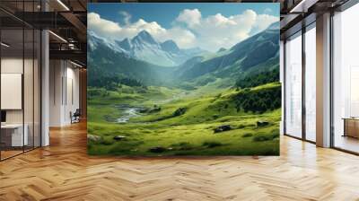 Verdant Mountain green landscape. Green water travel. Generate Ai Wall mural