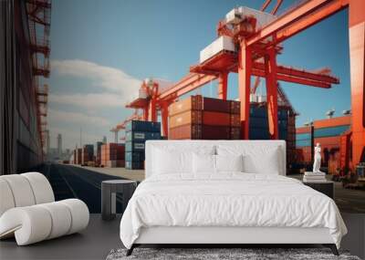 Vibrant image of a commercial port with stacked cargo containers and cranes against a clear blue sky Wall mural