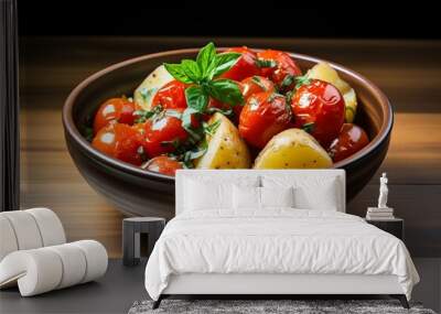 Vibrant tomato salad with basil in a brown bowl, ideal for healthy eating concepts Wall mural