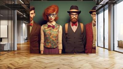 Vintage styled group portrait featuring a coordinated team of stylish men and women in retro fashion, classic accessories such as bow ties, suspenders, glasses, and bowler hats Wall mural