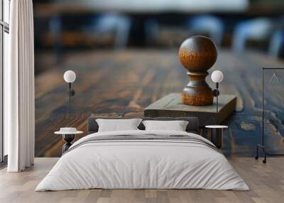 Wooden stamp standing on a wooden surface in a blurred room Wall mural