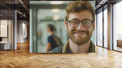 Young man smiling wearing glasses with people walking in the background Wall mural