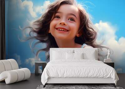 Youthful Smile little girl sky sunset smiling. Kid outside young family female joy. Generate Ai Wall mural