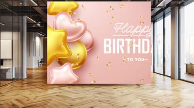 Happy Birthday background with pink and gold floating balloons. Vector illustration. Wall mural