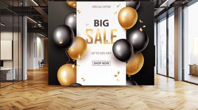 Sale banner with black and gold floating balloons. Vector illustration. Wall mural