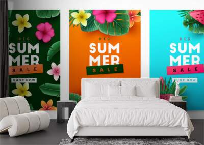 Summer background with tropical flowers and palm leaves. Vector illustration Wall mural