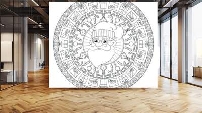 New year and Christmas theme. Black and white graphic doodle hand drawn sketch mandala for adult, kids coloring book. Gifts, balls, garlands, Santa Claus with ethnic patterns. Wall mural