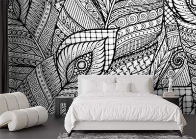 Seamless asian ethnic floral retro doodle black and white backgr Wall mural