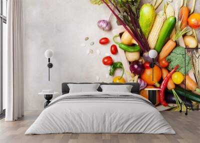 Autumn farm vegetables and root crops on wooden box top view. Healthy and organic food. Wall mural