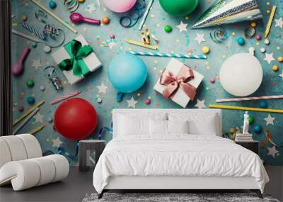 Birthday party background with colorful balloon, gift, confetti, cap, star, candy and streamer. Flat lay style. Festive greeting card. Wall mural