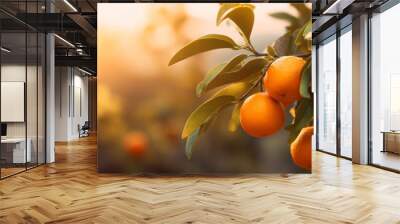 Citrus branches with organic ripe fresh oranges tangerines growing on branches with green leaves in sunny fruiting garden. Wall mural