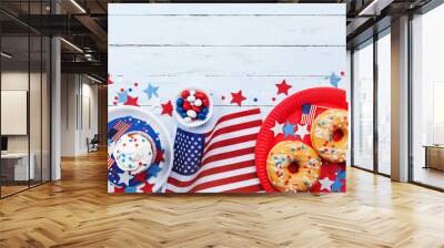 Happy Independence Day 4th july background with american flag and sweet foods, decorated with stars and confetti. Top view. Wall mural