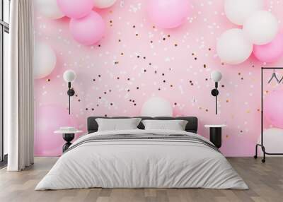 Party or birthday background with pastel balloons and confetti top view. Flat lay style. Wall mural