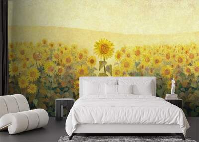 A field of sunflowers. Oil painting texture. Wall mural