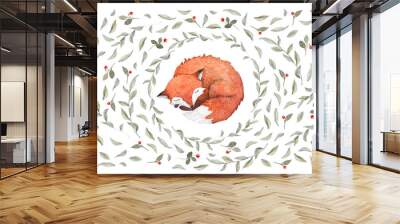 a little sleeping fox surrounded by fallen leaves and berries. watercolor illustration solated on wh Wall mural