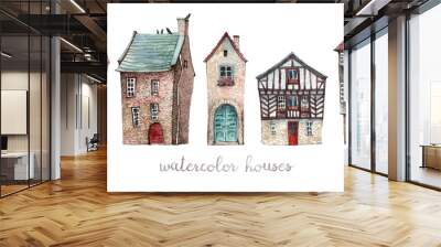 A set of watercolor illustrations of old European houses with wooden doors, tile roofs and flowers on the windowsills Wall mural