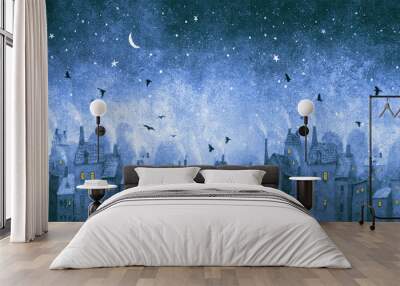 Spooky city in the night. Little houses with lightened windows. Digital illustration Wall mural