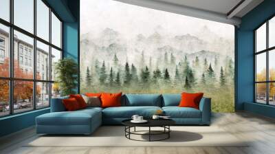 Watercolor landscape of forest and mountains. Wild nature background. Wall mural