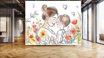 mother and child, flowers, hearts, mother's day Wall mural